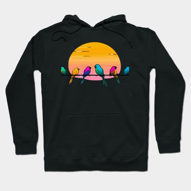 A design featuring a group of colorful birds perched on a wire, with a sunset or sunrise in the background. Hoodie by maricetak
